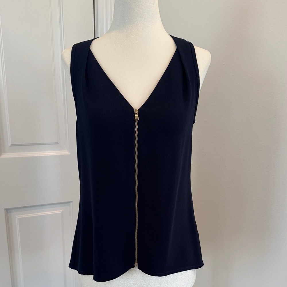 Trina Turk Navy Sleeveless Blouse with Gold Zipper